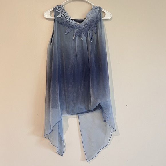 Feratelli Tops - Blue Fairy Sheer Sleeveless Blouse Sz S Asymmetrical Hem Overlay Embroidered